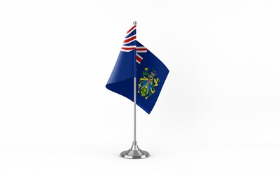 4k, pitcairnin saarten pöytälippu, valkoinen tausta, pitcairnin saarten lippu, pitcairnin saarten lippu metallikipulla, kansalliset symbolit, pitcairnin saaret