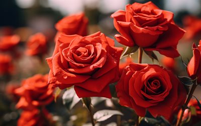 rose rosse, sfondo con rose, sera, bush con rose, boccioli di rosa, boccioli di rosa rossa, fiori rossi