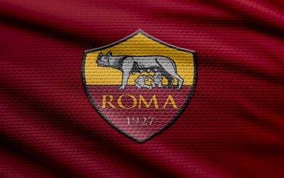 रोमा कपड़े का लोगो, 4k, बैंगनी कपड़े की पृष्ठभूमि, सीरी ए, bokeh, फुटबॉल, रोमा लोगो, फ़ुटबॉल, रोमा प्रतीक, रोमा, इटैलियन फुटबॉल क्लब, रोमा एफसी