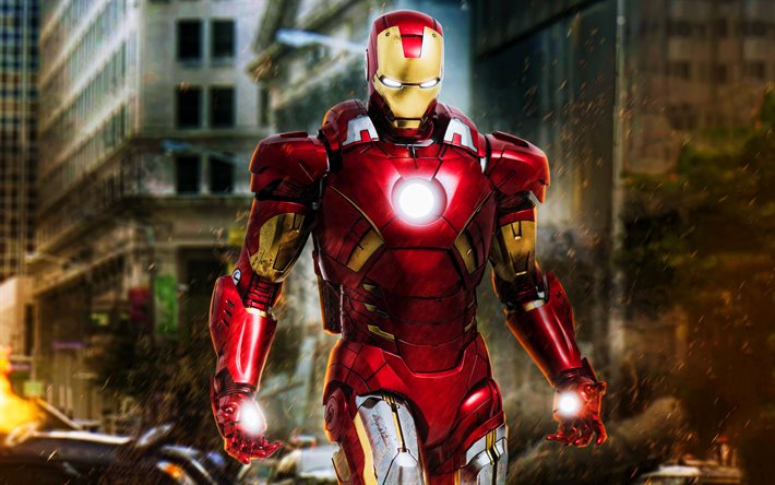 Iron Man, 4k, cityscape, superheroes, 3D art, Marvel Comics, Cartoon Iron Man, creative, Iron Man 4K
