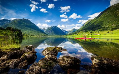 Norvegia, lago, estate, Heimdal, montagne, Sogn og Fjordane