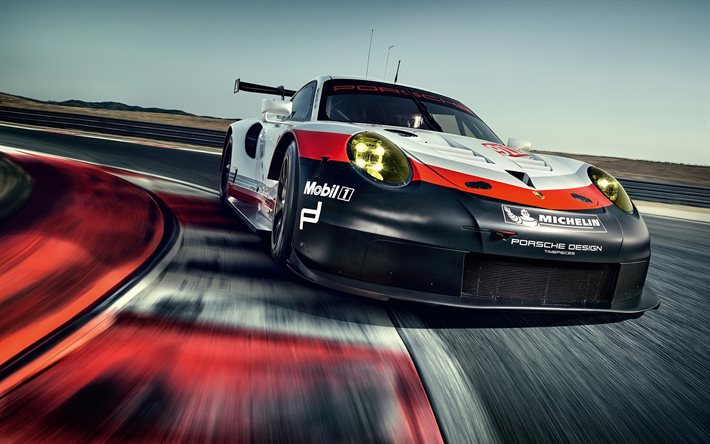 porsche 911 rsr, 2017, pista de rolamento, movimento, velocidade, porsche de corrida, carros esportivos