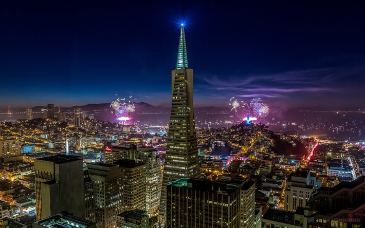 San Francisco, fireworks, night, skyscrapers, USA, America