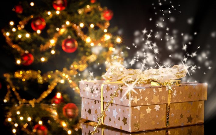 jul, nyårsträd, presentförpackningar, juldekorationer, nyår