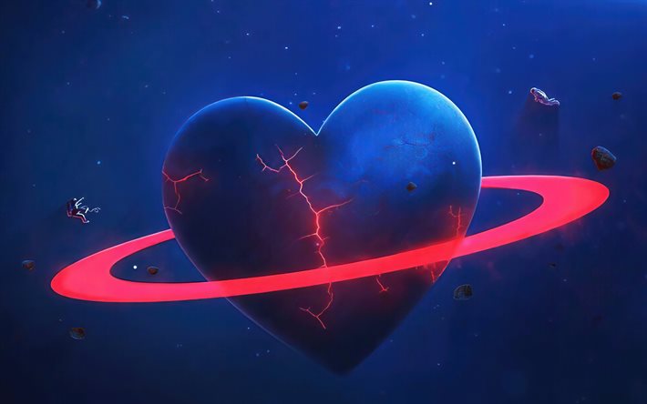 corazón roto, 4k, arte 3d, galaxia, planetas 3d, astronautas, conceptos de amor, corazones