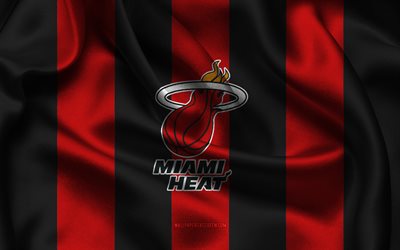 4k, logotipo do miami heat, tecido de seda preto vermelho, time de basquete americano, emblema do miami heat, nba, calor de miami, eua, basquetebol, bandeira do calor de miami