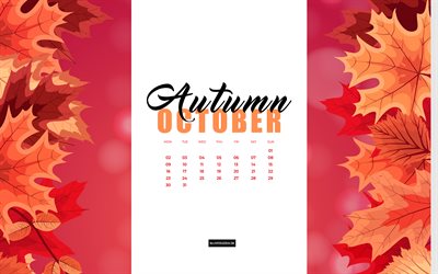 4k, calendrier octobre 2023, feuilles d'automne fond aquarelle, calendriers d'automne 2023, feuilles rouges aquarelles, concepts 2023, octobre, fond d'automne