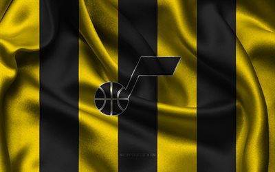 4k, logo de l'utah jazz, tissu de soie jaune noir, équipe américaine de basket, emblème de l'utah jazz, nba, jazz de l'utah, etats unis, basket, drapeau de l'utah jazz