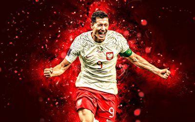 4k, Robert Lewandowski, goal, red neon lights, Poland National Football Team, soccer, footballers, red abstract background, Polish football team, Robert Lewandowski 4K