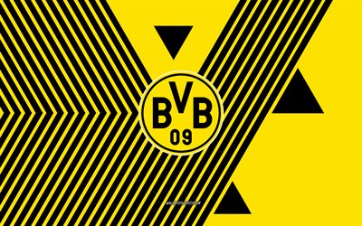 borussia dortmundin logo, 4k, saksan jalkapallomaajoukkue, keltaiset mustat viivat taustalla, borussia dortmund, bundesliiga, saksa, viivapiirros, bvb, borussia dortmundin tunnus, jalkapallo