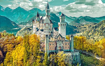 4k, Neuschwanstein Castle, vector art, beautiful castle, Schwangau, Bavaria, Germany, Neuschwanstein Castle drawings, Neuschwanstein Castle art