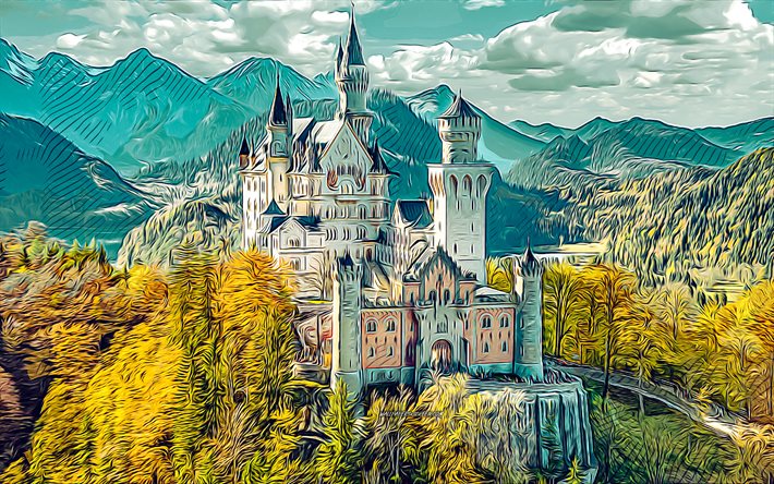4k, castelo de neuschwanstein, arte vetorial, lindo castelo, schwangau, baviera, alemanha, desenhos do castelo de neuschwanstein, arte do castelo de neuschwanstein