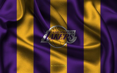 4k, Los Angeles Lakers logo, purple yellow silk fabric, American basketball team, Los Angeles Lakers emblem, NBA, Los Angeles Lakers, USA, basketball, Los Angeles Lakers flag