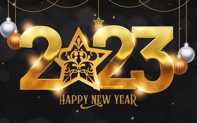 4k, feliz año nuevo 2023, dígitos de metal dorado, arte vectorial, 2023 conceptos, 2023 dígitos de oro, decoración de navidad, creativo, 2023 fondo negro, 2023 año, 2023 dígitos 3d