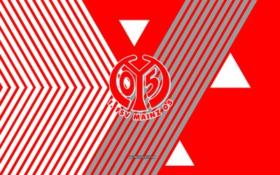 fsv マインツ 05 ロゴ, 4k, ドイツのサッカー チーム, 赤白の線の背景, fsv マインツ 05, ブンデスリーガ, ドイツ, 線画, fsvマインツ05エンブレム, フットボール, マインツ fc