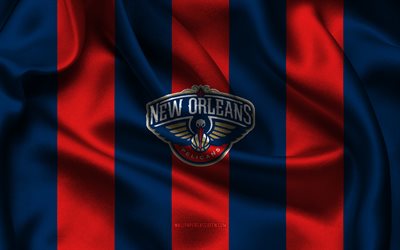 4k, logo dei pellicani di new orleans, tessuto di seta rosso blu, squadra di basket americana, emblema dei pellicani di new orleans, nba, pellicani di new orleans, stati uniti d'america, pallacanestro, bandiera dei pellicani di new orleans