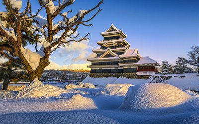 4k, मात्सुमोतो कैसल, सर्दी, बर्फ, फुकाशी कैसल, जापानी महल, मात्सुमोतो, कौवा महल, जापानी वास्तुकला, नागानो, जापान