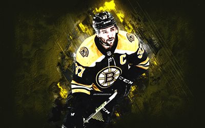 Patrice Bergeron, Boston Bruins, Canadian hockey player, NHL, portrait, yellow stone background, hockey, Boston Bruins captain, USA