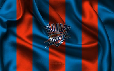 4k, oklahoma city thunder logo, blau orange seidenstoff, amerikanisches basketballteam, oklahoma city thunder emblem, nba, oklahoma city donner, vereinigte staaten von amerika, basketball, oklahoma city thunder flagge
