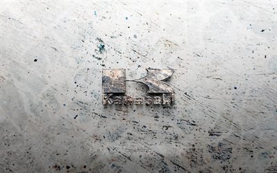 川崎石のロゴ, 4k, 石の背景, カワサキ立体ロゴ, ブランド, クリエイティブ, カワサキのロゴ, グランジアート, 川崎