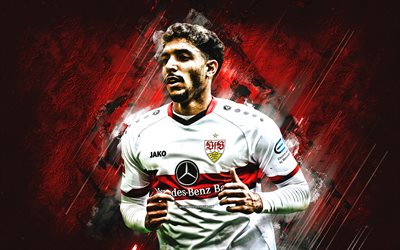Omar Marmoush, VfB Stuttgart, Egyptian football player, forward, portrait, red stone background, Bundesliga, Germany, football, Stuttgart FC