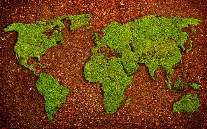 mappa del mondo in erba, 4k, sfondo di pietra marrone, concetti di ecologia, mappe del mondo, arte 3d, mappa del mondo verde, mappa del mondo 3d