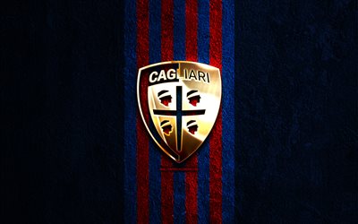 Cagliari FC golden logo, 4k, blue stone background, Serie B, Italian football club, Cagliari FC logo, soccer, Cagliari FC emblem, Cagliari Calcio, football, Cagliari FC