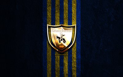 キエーヴォ ヴェローナの金色のロゴ, 4k, 青い石の背景, セリエb, イタリアのサッカークラブ, キエーヴォ ヴェローナのロゴ, サッカー, キエーヴォ・ヴェローナの紋章, ac キエーヴォ ヴェローナ, フットボール, キエーヴォ ヴェローナ fc