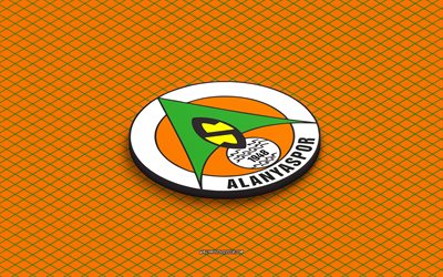 4k, logo isométrique alanyaspor, art 3d, club de football turc, art isométrique, alanyaspor, fond orange, super ligue, turquie, football, emblème isométrique, logo alanyaspor
