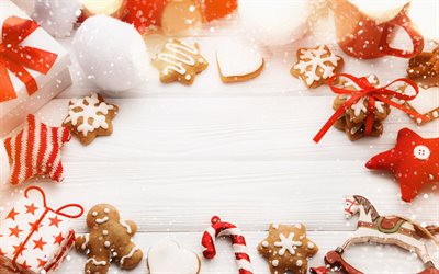 sfondo bianco natale, 4k, cornici natalizie, biscotti di natale, sfondi di legno bianchi, decorazioni natalizie, natale, buon natale, buon anno