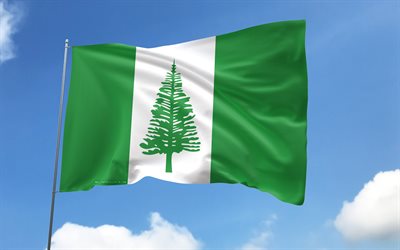 旗竿にノーフォーク島の旗, 4k, オセアニア諸国, 青空, ノーフォーク島の旗, 波状のサテンの旗, ノーフォーク島の国のシンボル, フラグ付きの旗竿, ノーフォーク島の日, オセアニア, ノーフォーク島