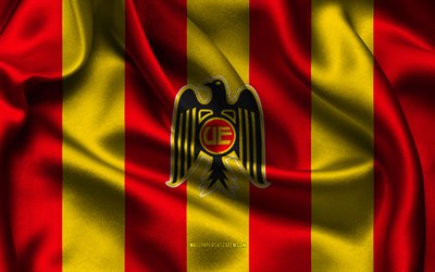 4k, logo de l'union espagnole, tissu de soie jaune rouge, équipe chilienne de football, emblème union española, ligue j1, union espagnole, japon, football, drapeau de l'union espagnole