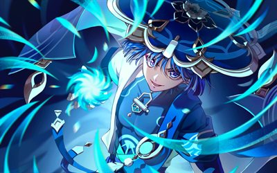Wanderer, blue neon rays, Genshin Impact, protagonist, violet eyes, Genshin Impact characters, manga, Wanderer Genshin Impact