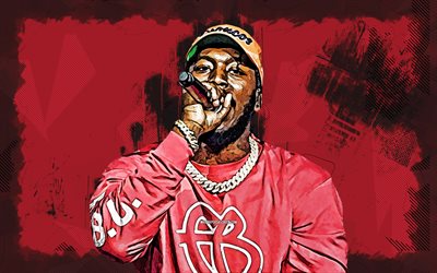 4k, Pardison Fontaine, grunge art, music stars, american rappers, Pardison Fontaine with microphone, red grunge background, american celebrity, Jorden Kyle Lanier Thorpe, creative, Pardison Fontaine 4K