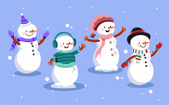 snögubbar, vinter, snöfigurer, tecknade snögubbar, söta snögubbar, bakgrund med snögubbar, nyår, snögubbe