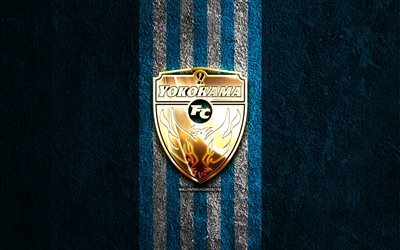 goldenes logo des yokohama fc, 4k, hintergrund aus blauem stein, j2 liga, japanischer fußballverein, yokohama fc logo, fußball, yokohama fc emblem, yokohama fc, fc yokohama