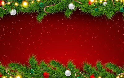 red christmas background, 4k, Christmas tree decorations, christmas frames, xmas balls, christmas decorations, xmas, Merry Christmas, Happy New Year, xmas decorations