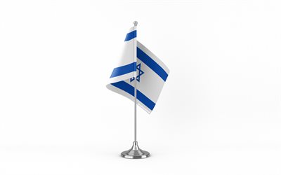 4k, drapeau de table israël, fond blanc, drapeau d'israël, drapeau de table d'israël, drapeau d'israël sur bâton de métal, symboles nationaux, israël