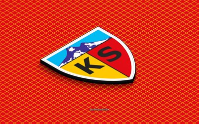 4k, logo isométrique kayserispor, art 3d, club de football turc, art isométrique, kaysérispor, fond rouge, super ligue, turquie, football, emblème isométrique, logo kaysérispor