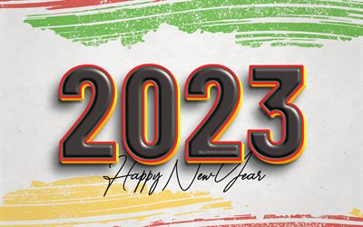 2023 Happy New Year, black 3D digits, grunge style, 2023 year, 4k, artwork, 2023 concepts, 2023 3D digits, Happy New Year 2023, grunge art, 2023 gray background