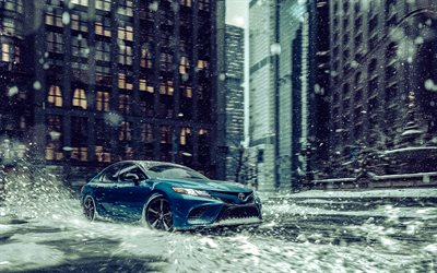 2023, Toyota Camry XSE, 4k, front view, exterior, blue sedan, blue Toyota Camry, rain driving, new Camry 2023, Japanese cars, USA, Toyota