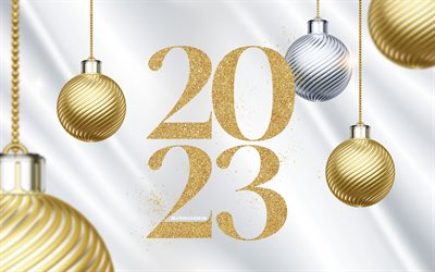2023 feliz año nuevo, 4k, dígitos de brillo dorado, bolas de navidad 3d, 2023 conceptos, 2023 dígitos 3d, decoraciones de navidad, feliz año nuevo 2023, creativo, fondo de seda 2023, 2023 año