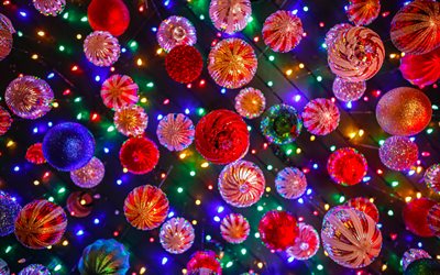 tied christmas balls, 4k, xmas decorations, balls on garters, christmas decorations, xmas, Merry Christmas, Happy New Year