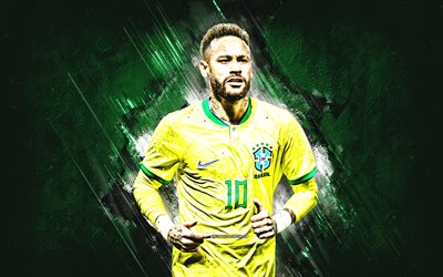 neymar, portrait, équipe du brésil de football, qatar 2023, l'art de neymar, fond de pierre verte, football, brésil
