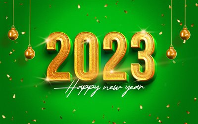 4k, 2023 feliz ano novo, dígitos 3d dourados, bolas de natal douradas, 2023 dígitos de ouro, decorações de natal, feliz ano novo 2023, criativo, 2023 fundo verde, 2023 ano, feliz natal, 2023 conceitos