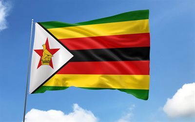 bandeira do zimbábue no mastro, 4k, países africanos, céu azul, bandeira do zimbábue, bandeiras de cetim onduladas, símbolos nacionais do zimbábue, mastro com bandeiras, dia do zimbábue, áfrica, zimbábue