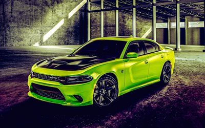 Dodge Charger SRT Hellcat, parking, 2019 cars, HDR, supercars, Green Dodge Charger, pictures with Dodge, 2019 Dodge Charger, american cars, Dodge