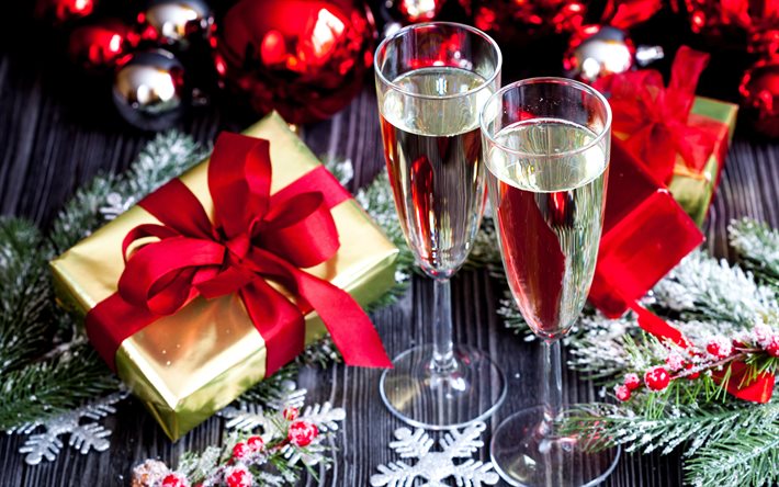 4k, シャンパングラス, ギフト用の箱, 赤い弓, 新年, クリスマス, ゴールデンハイライト, お祭りムード, お年玉, 休日のコンセプト, 2 つのグラス, シャンパン