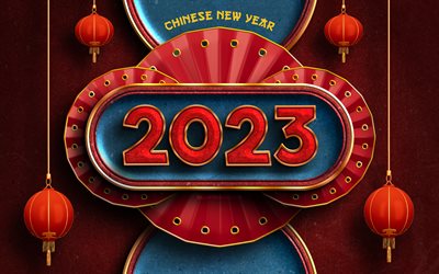 capodanno cinese 2023, 4k, lampade cinesi, cifre 3d rosse, anno del coniglio 2023, anno del coniglio, 2023 cifre rosse, 2023 concetti, 2023 felice anno nuovo, coniglio d'acqua, felice anno nuovo 2023, creativo, 2023 sfondo rosso, 2023 anno