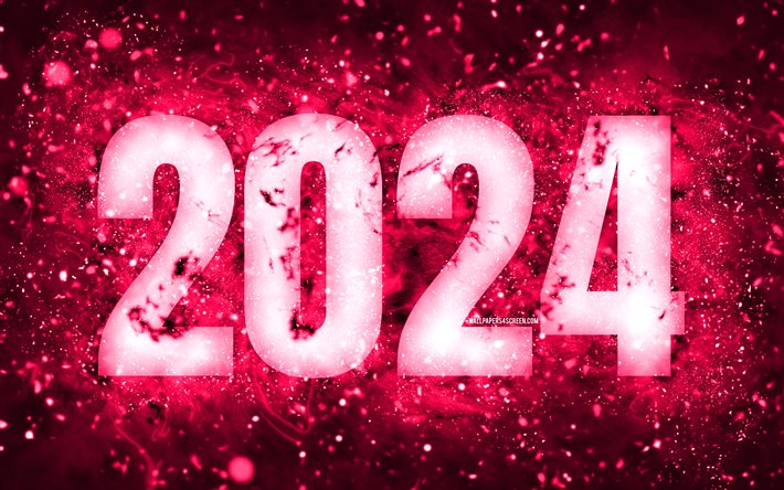 새해 복 많이 받으세요 2024, 4k, 핑크 네온 조명, 2024 개념, 2024 새해 복 많이 받으세요, 네온 예술, 창의적인, 2024 핑크 배경, 2024 년, 2024 핑크 숫자